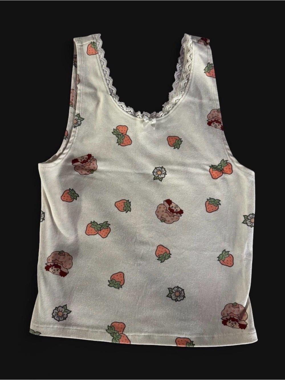 White Strawberry Print Lace Trim Tank Top